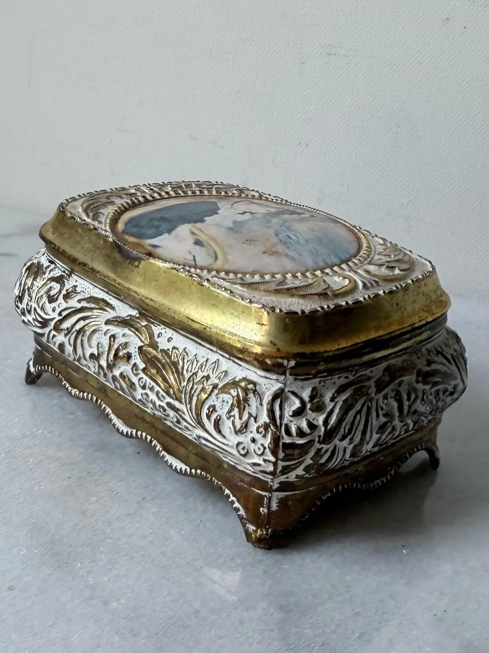 vintage jewelry box is a Victorian Girl Trinket Box a gold metal frame